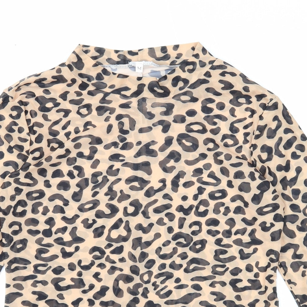 Preworn Womens Beige Animal Print Polyester Basic Blouse Size M Mock Neck - Leopard Print