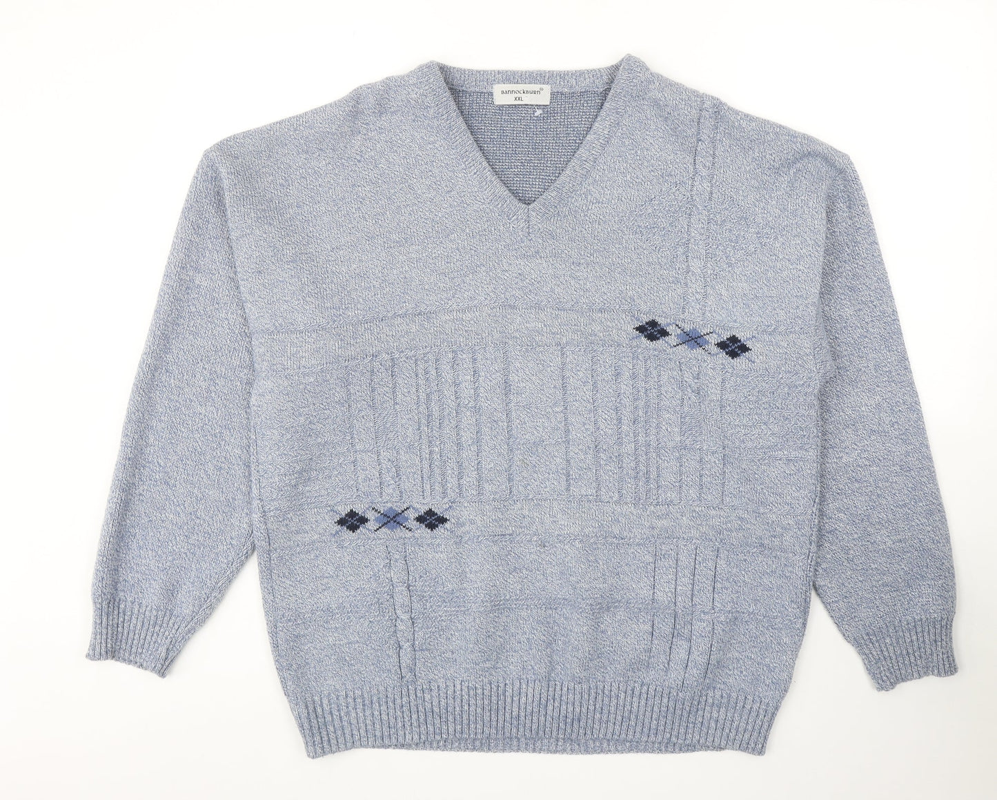 Bannockburn Mens Blue V-Neck Argyle/Diamond Acrylic Pullover Jumper Size 2XL Long Sleeve