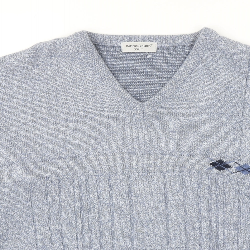 Bannockburn Mens Blue V-Neck Argyle/Diamond Acrylic Pullover Jumper Size 2XL Long Sleeve