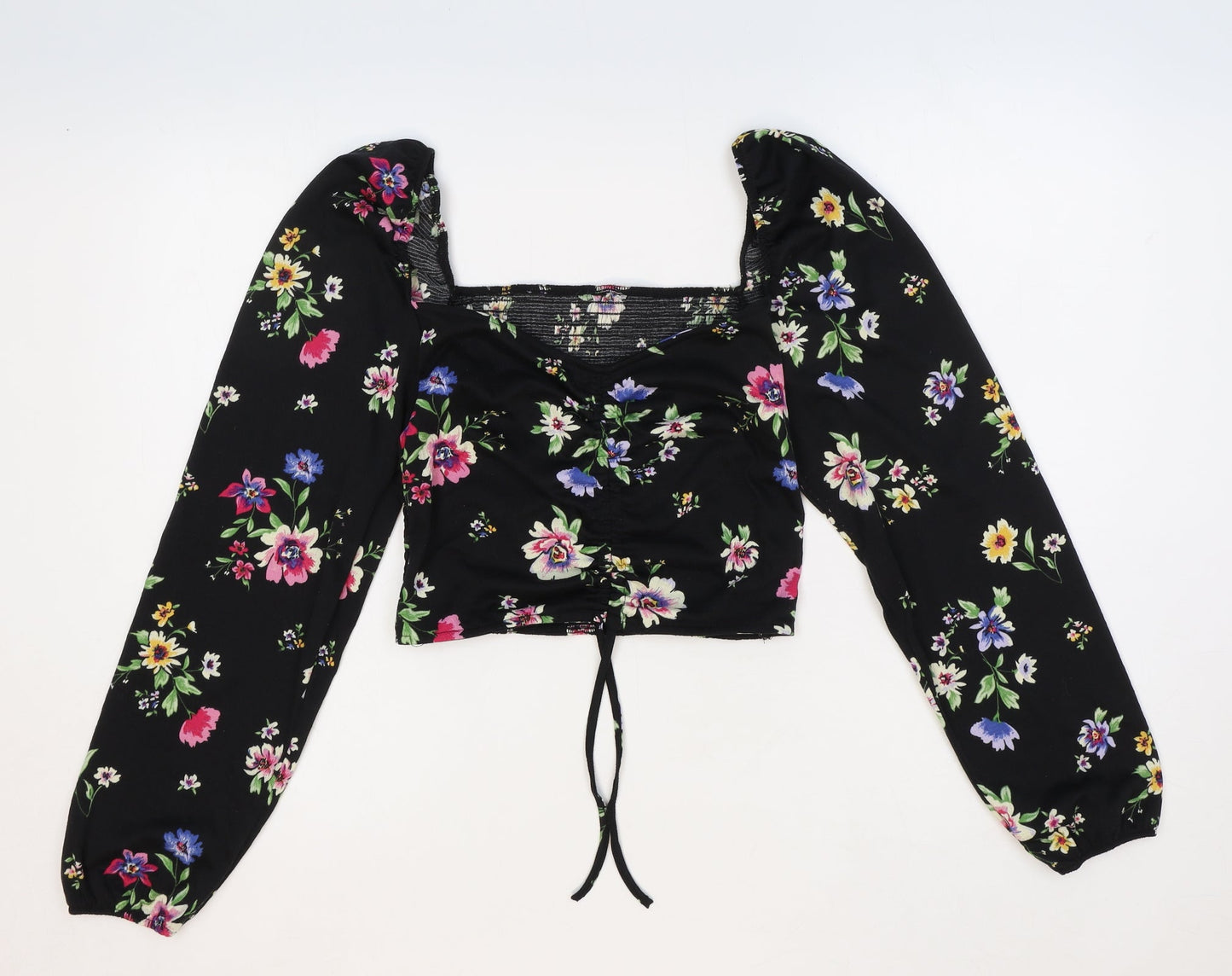 Preworn Womens Black Floral Polyester Cropped Blouse Size M Sweetheart - Front Ruched
