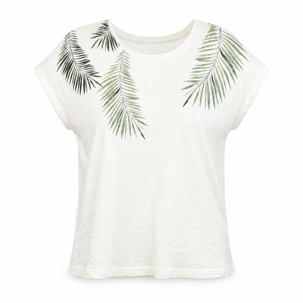 b.young Womens White Cotton Basic T-Shirt Size M Scoop Neck - Leaf Print