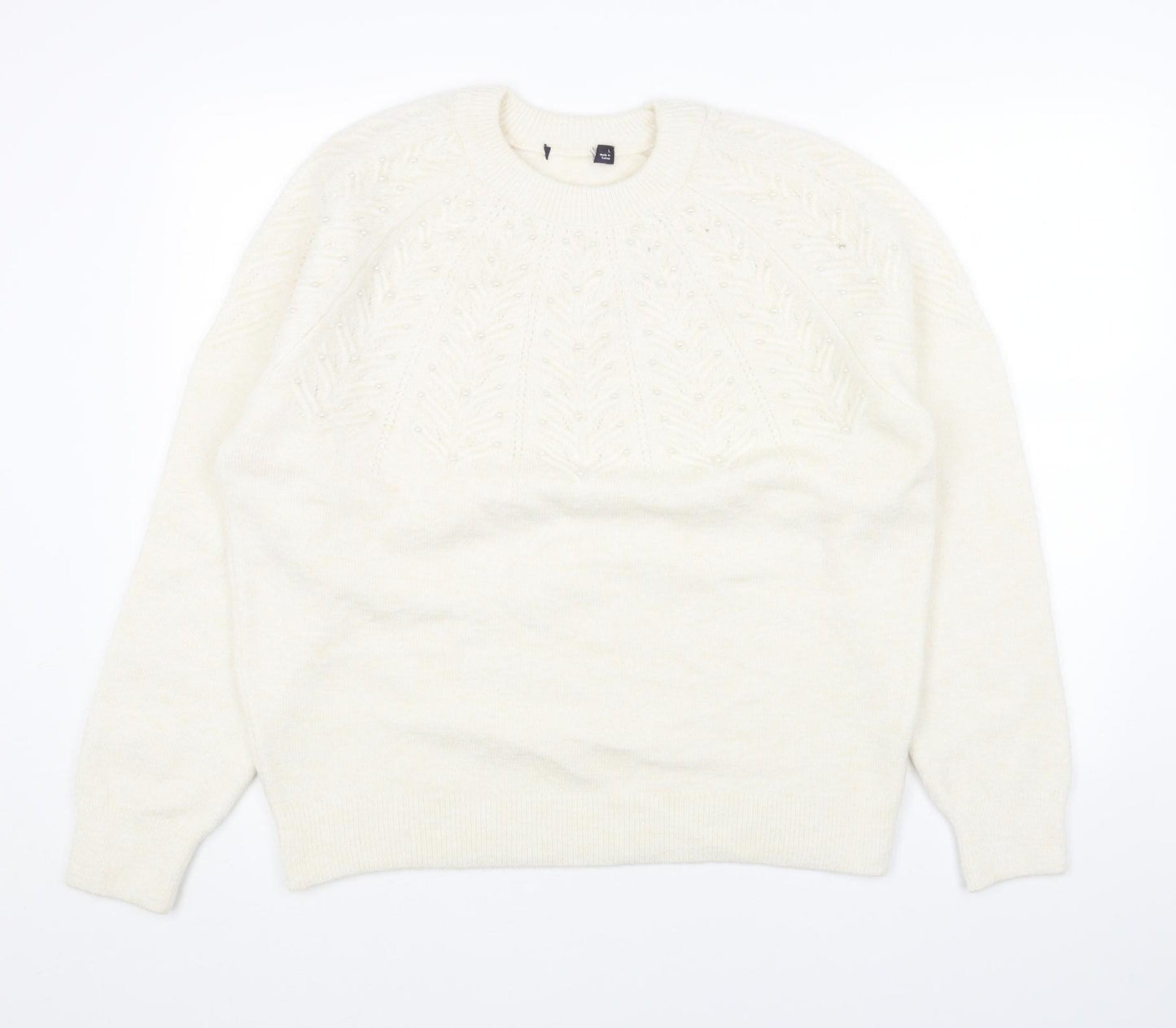 Preworn Womens White Round Neck Acrylic Pullover Jumper Size L