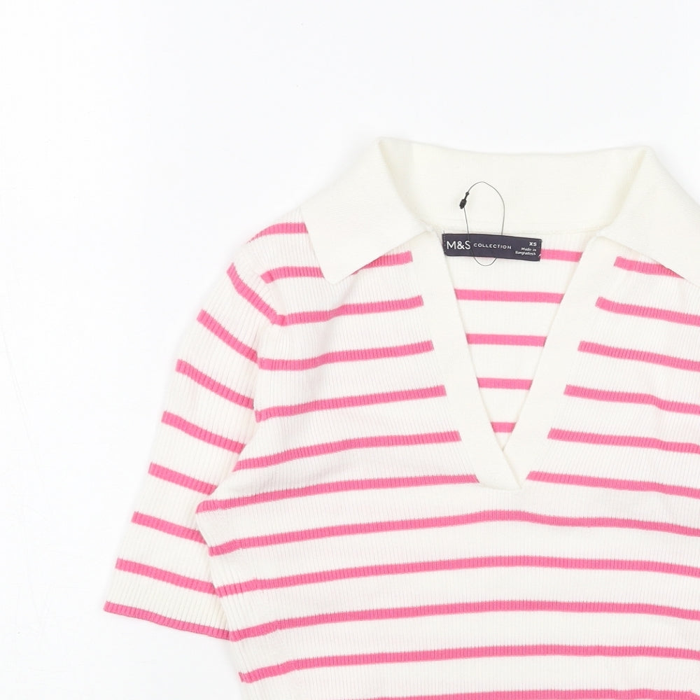 Marks and Spencer Womens Pink V-Neck Striped Viscose Pullover Jumper Size S