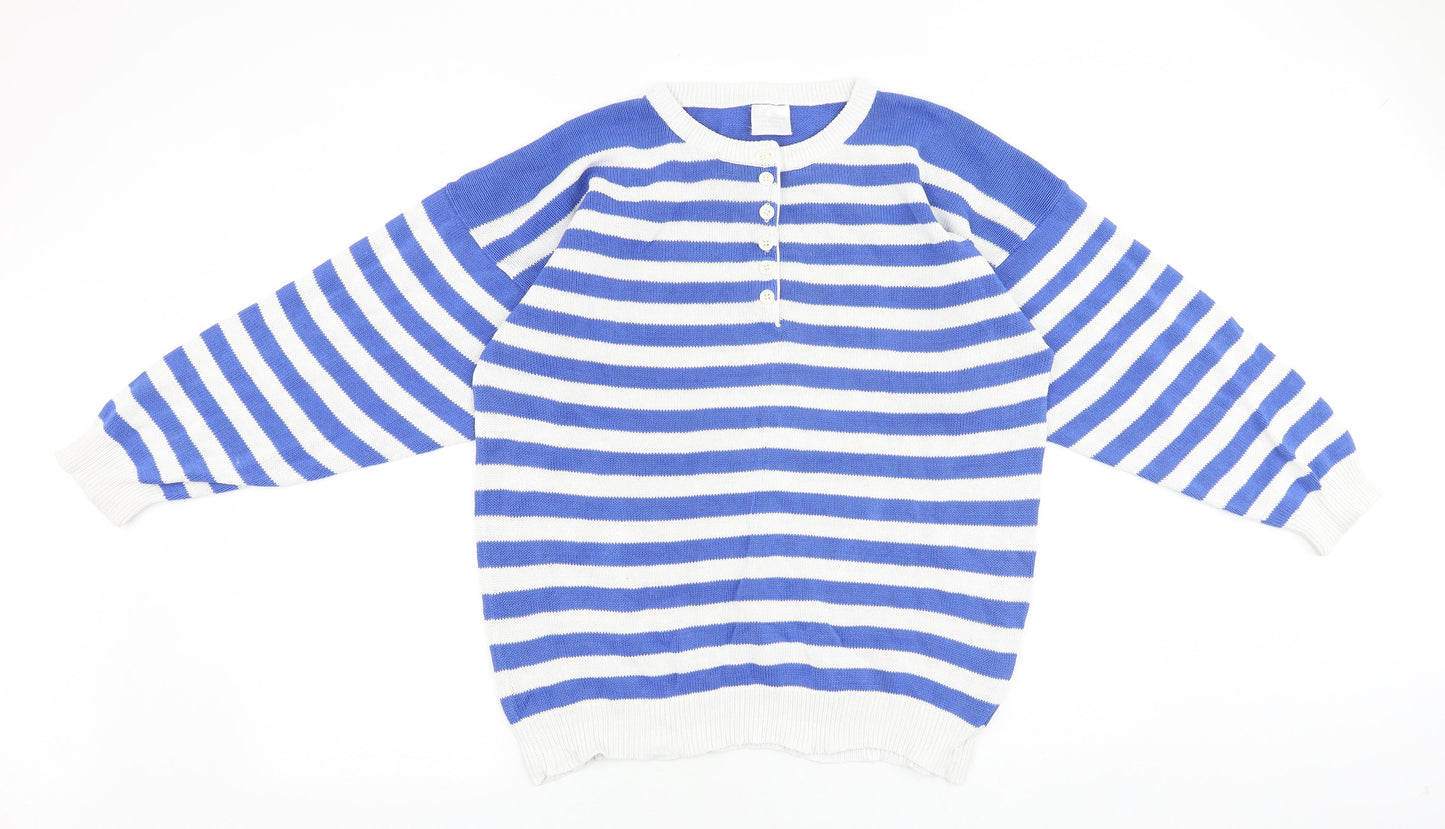 Preworn Womens Blue Round Neck Striped 100% Cotton Pullover Jumper Size 14