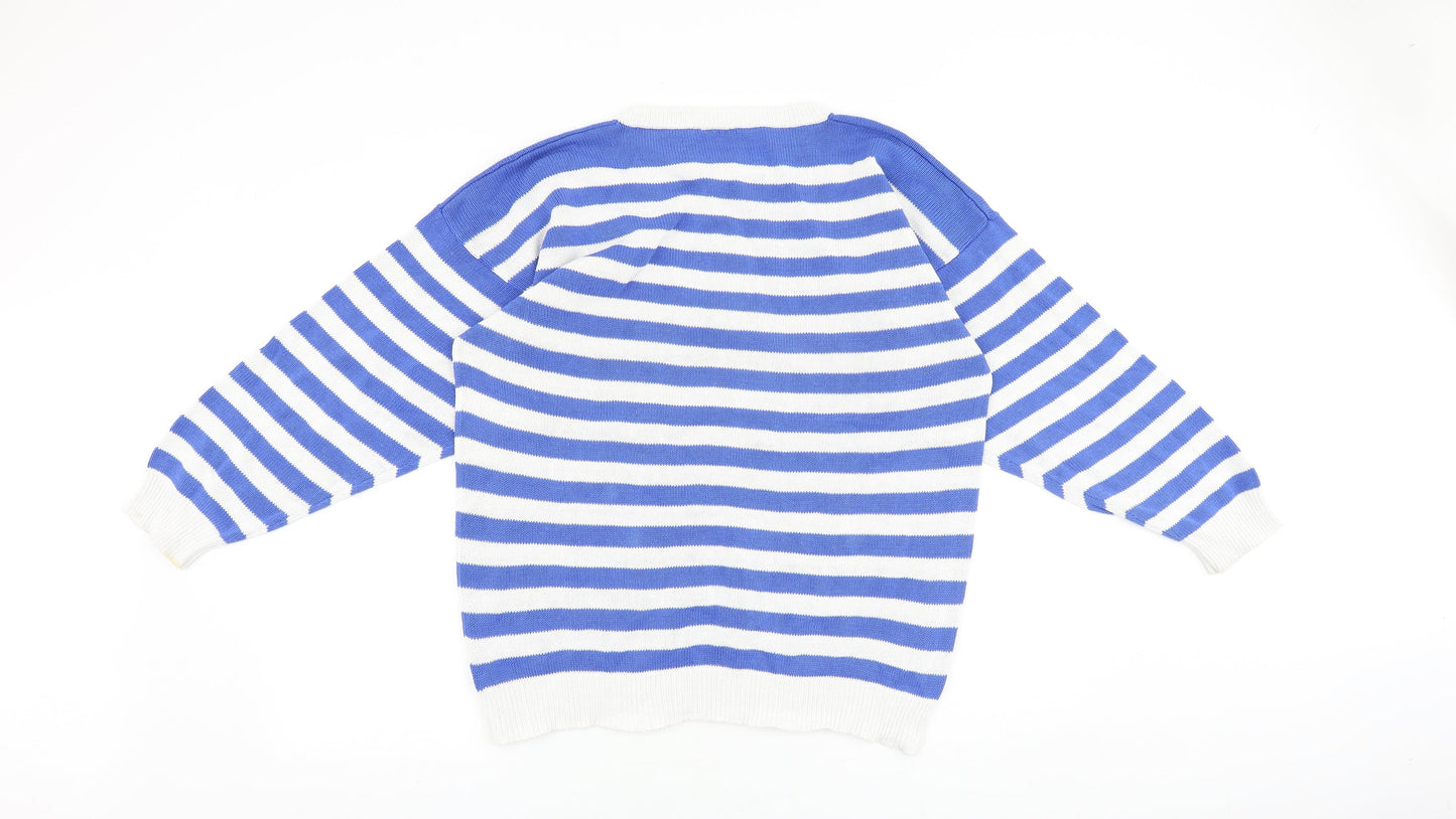 Preworn Womens Blue Round Neck Striped 100% Cotton Pullover Jumper Size 14