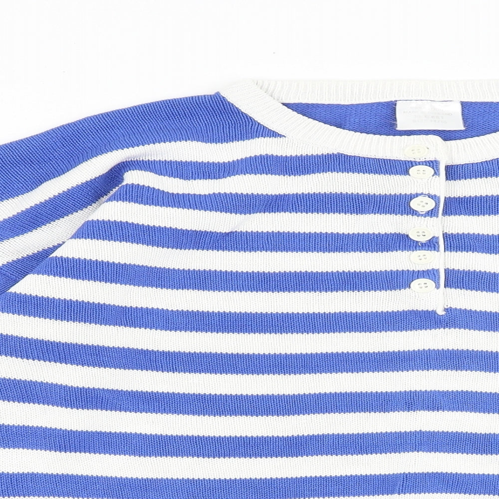 Preworn Womens Blue Round Neck Striped 100% Cotton Pullover Jumper Size 14