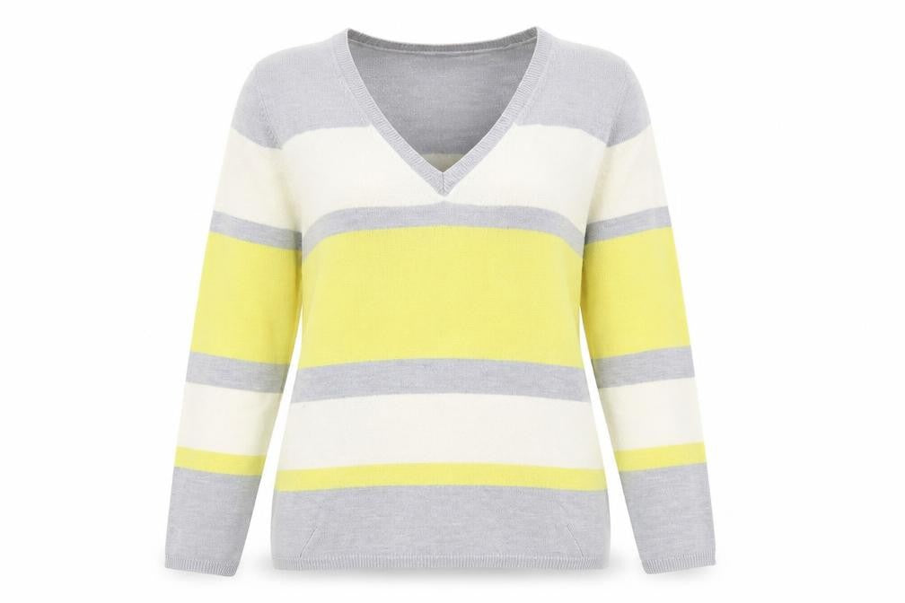 Marks and Spencer Womens Grey V-Neck Striped Acrylic Pullover Jumper Size 14