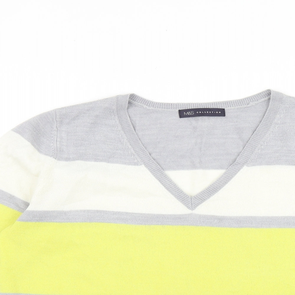 Marks and Spencer Womens Grey V-Neck Striped Acrylic Pullover Jumper Size 14