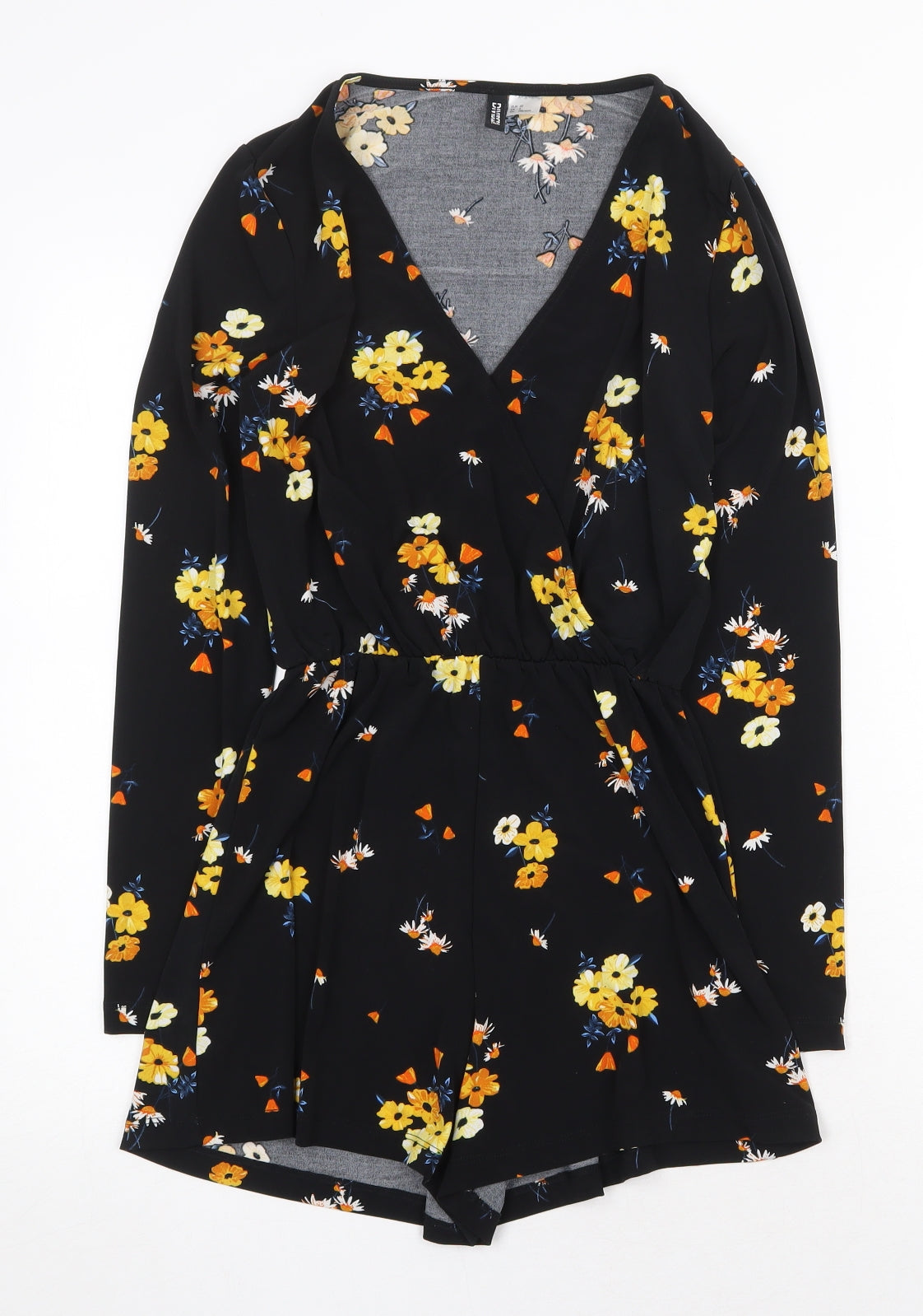 H&M Womens Black Floral Polyester Playsuit One-Piece Size 4 Snap
