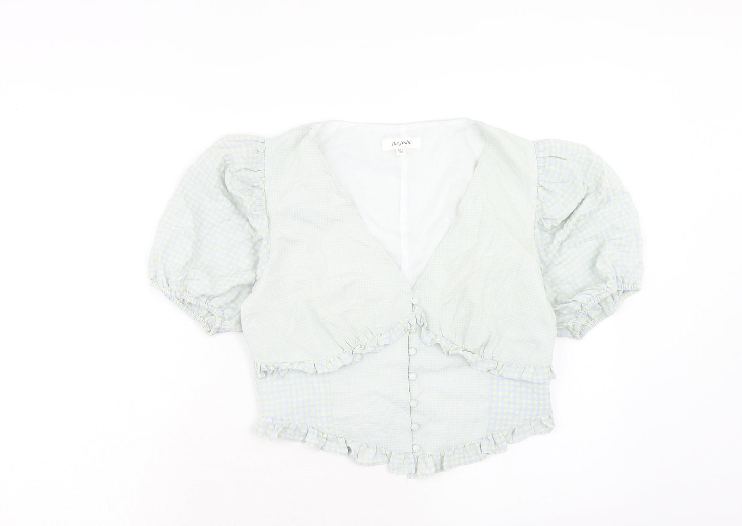 The Frolic Womens Blue Check Polyester Basic Blouse Size 10 V-Neck