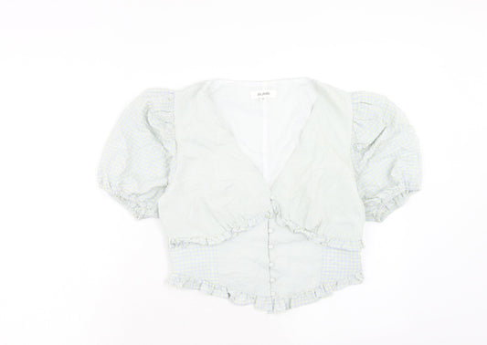 The Frolic Womens Blue Check Polyester Basic Blouse Size 10 V-Neck