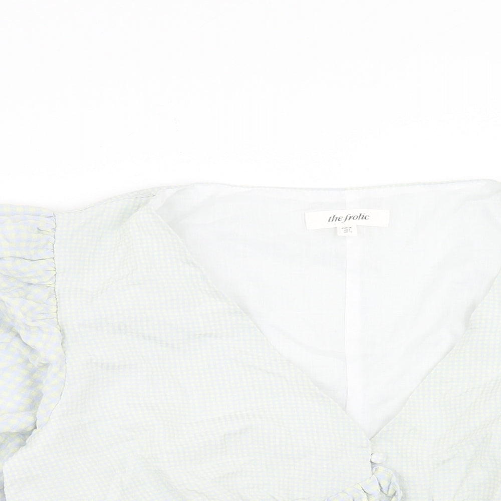 The Frolic Womens Blue Check Polyester Basic Blouse Size 10 V-Neck