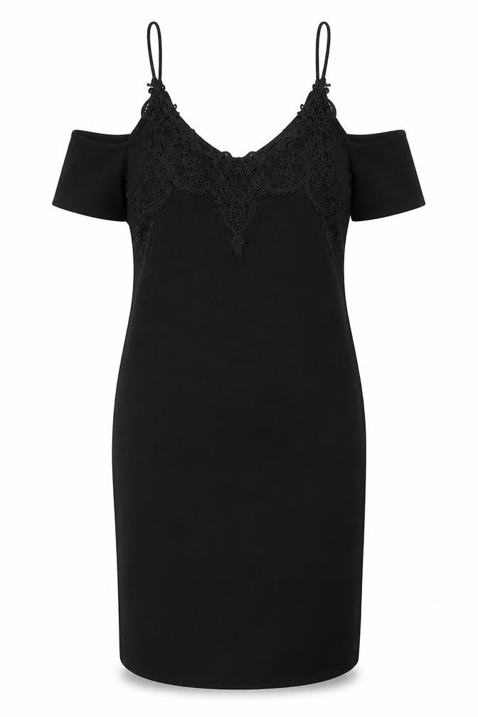 Miss Selfridge Womens Black Polyester Shift Size 8 V-Neck Pullover - Lace Detail, Cold Shoulder