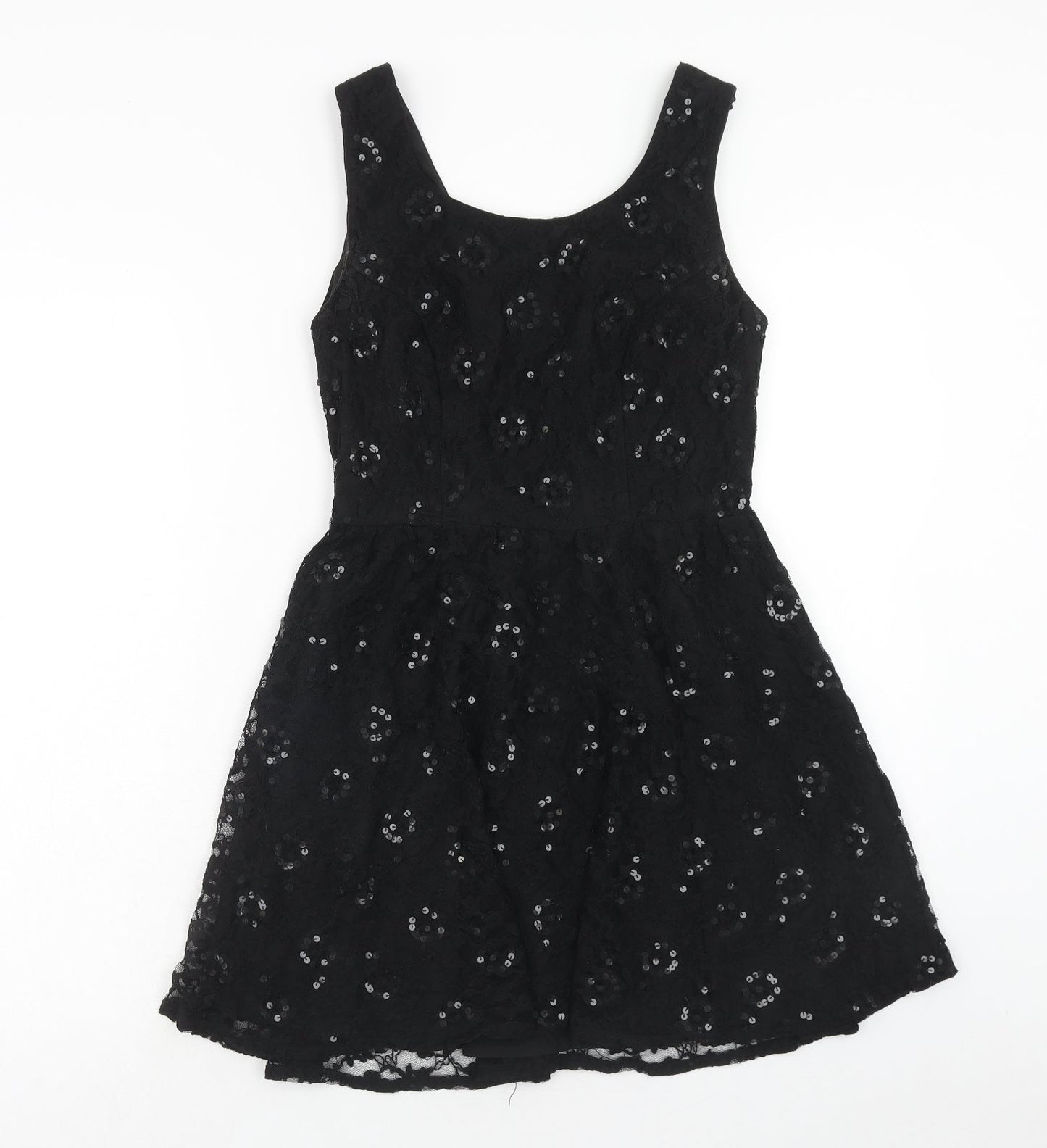 Topshop Womens Black Geometric Nylon Fit & Flare Size 10 Round Neck Button