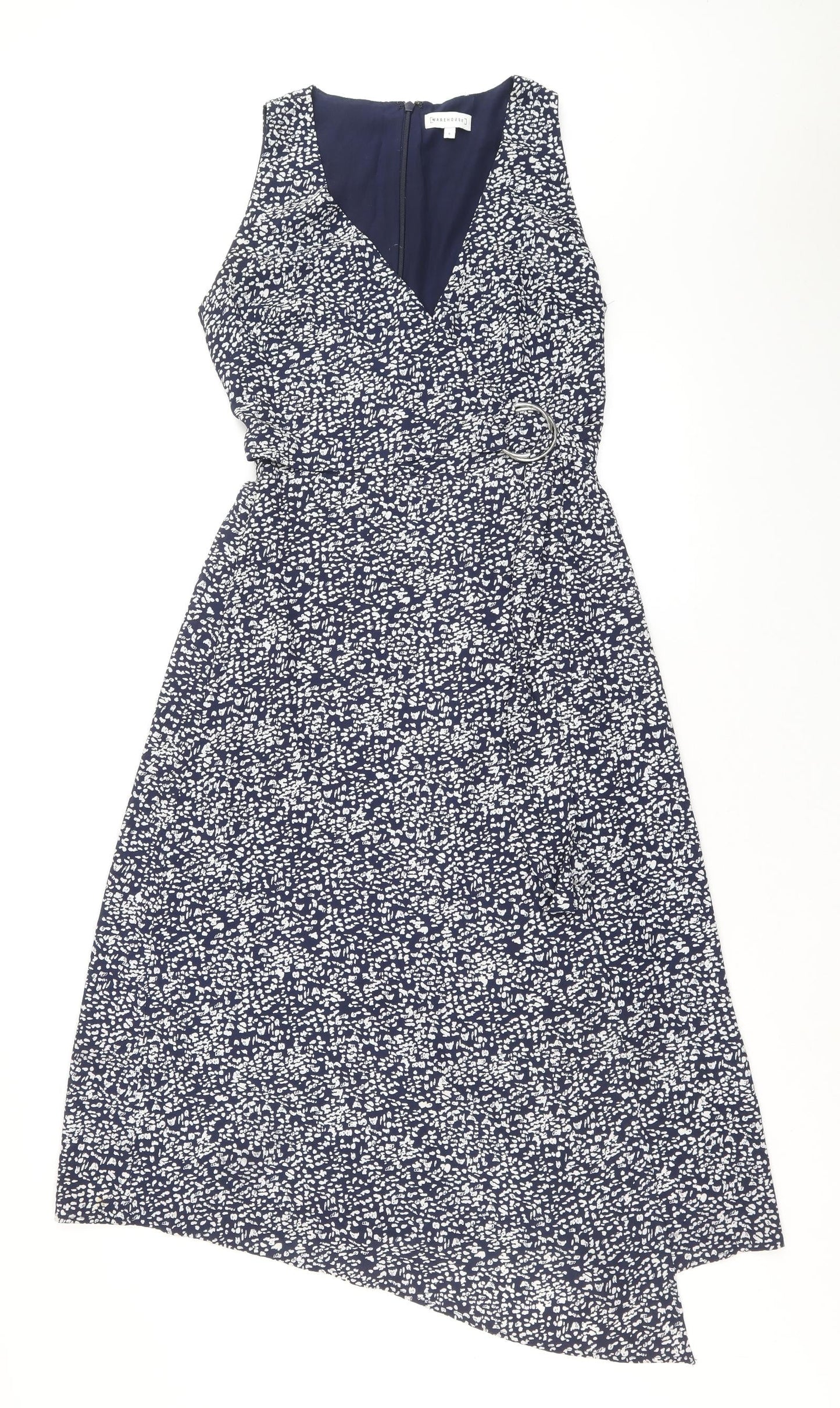 Warehouse Womens Blue Geometric Polyester Fit & Flare Size 8 V-Neck Zip