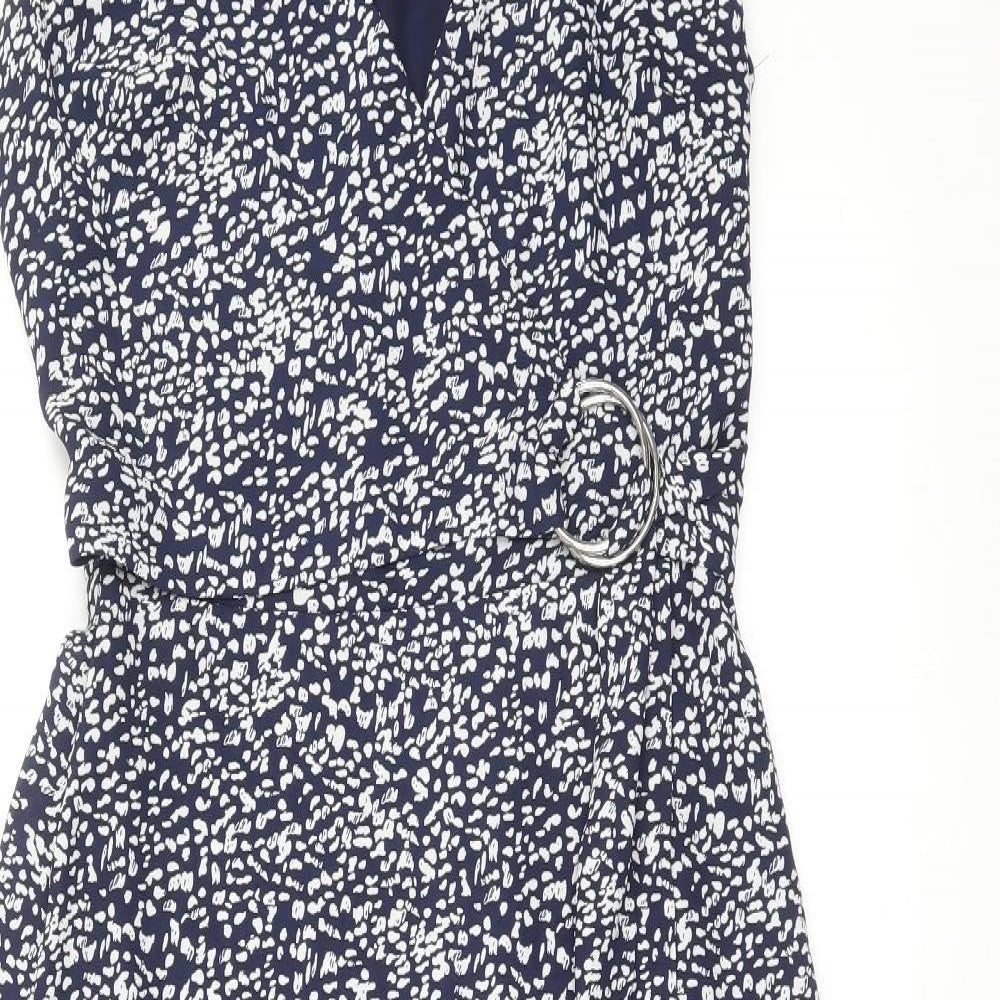 Warehouse Womens Blue Geometric Polyester Fit & Flare Size 8 V-Neck Zip