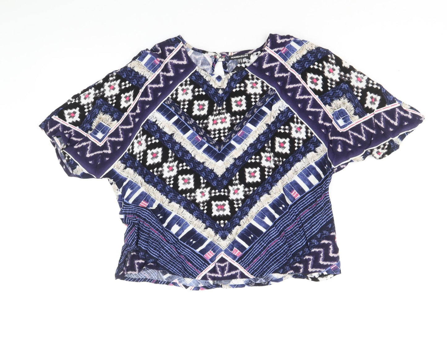 Warehouse Womens Blue Geometric Viscose Basic Blouse Size 10 V-Neck