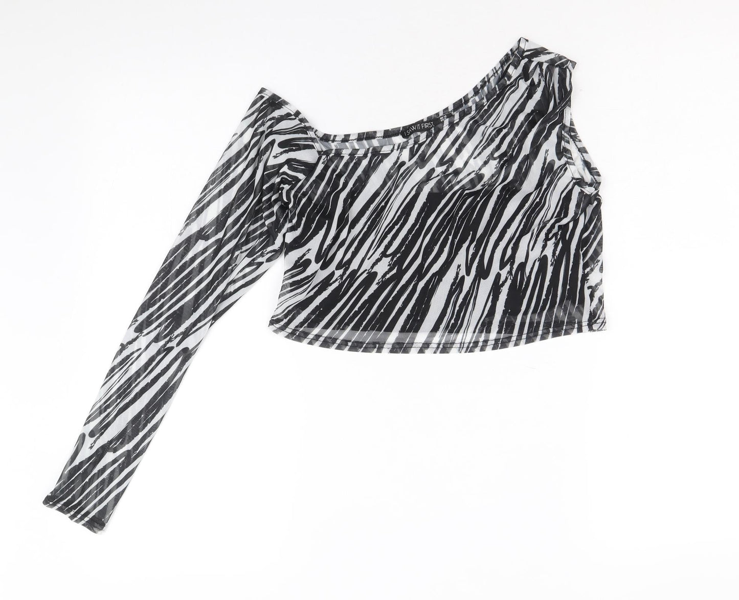 I SAW IT FIRST Womens Black Animal Print Polyester Cropped Blouse Size 12 One Shoulder - Zebra Pattern