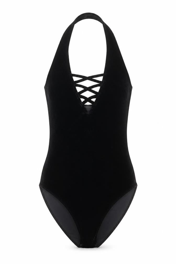 Miss Selfridge Womens Black Polyester Bodysuit One-Piece Size 6 Snap - Lattice Neck Detail