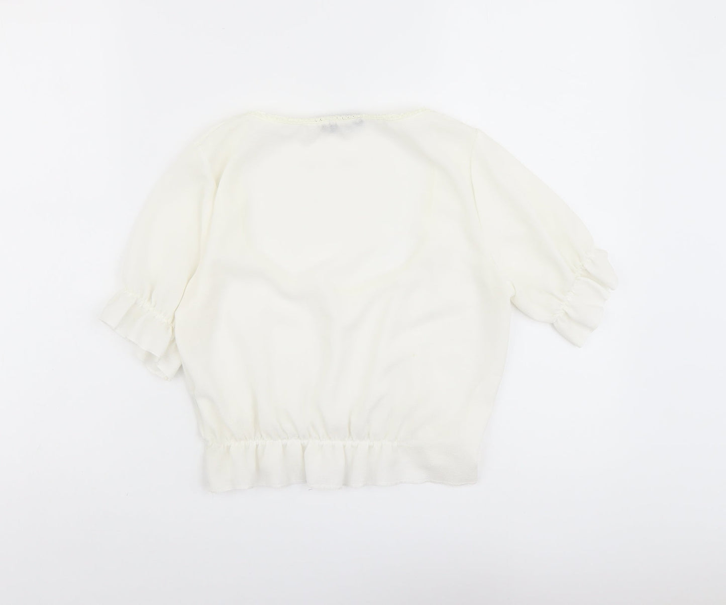 PRETTYLITTLETHING Womens Ivory Polyester Cropped Blouse Size 4 Scoop Neck