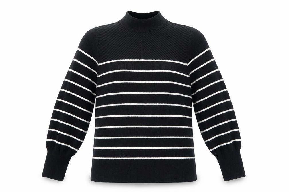 Marks and Spencer Womens Black High Neck Striped Viscose Pullover Jumper Size M Pullover