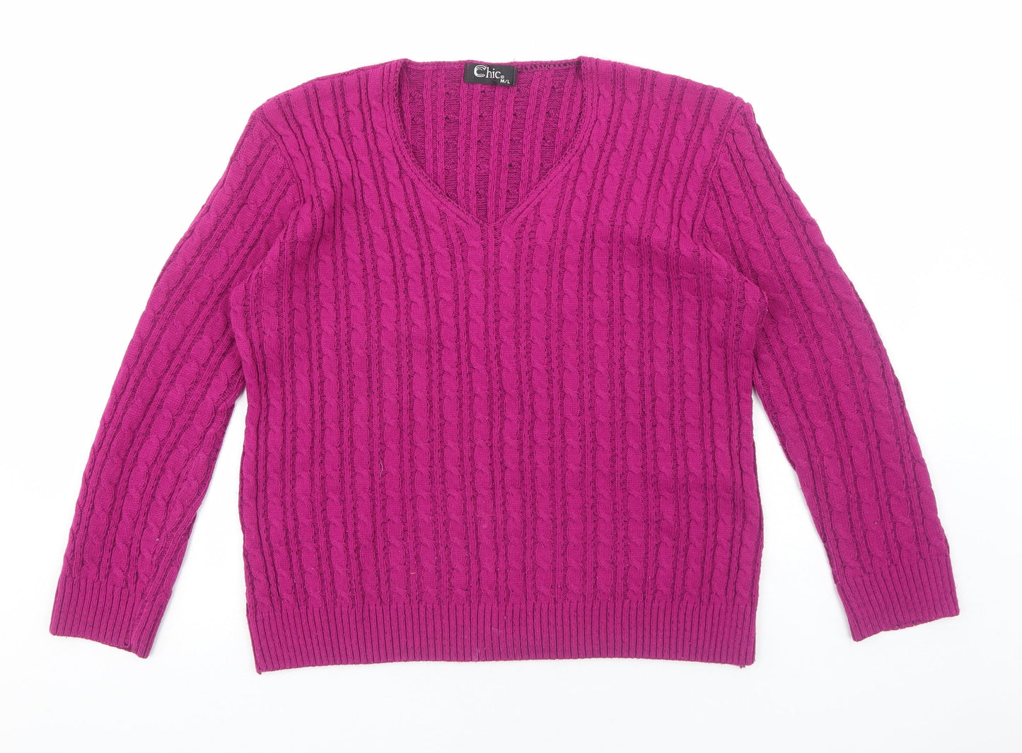 CHIC Womens Pink V-Neck Acrylic Pullover Jumper Size M