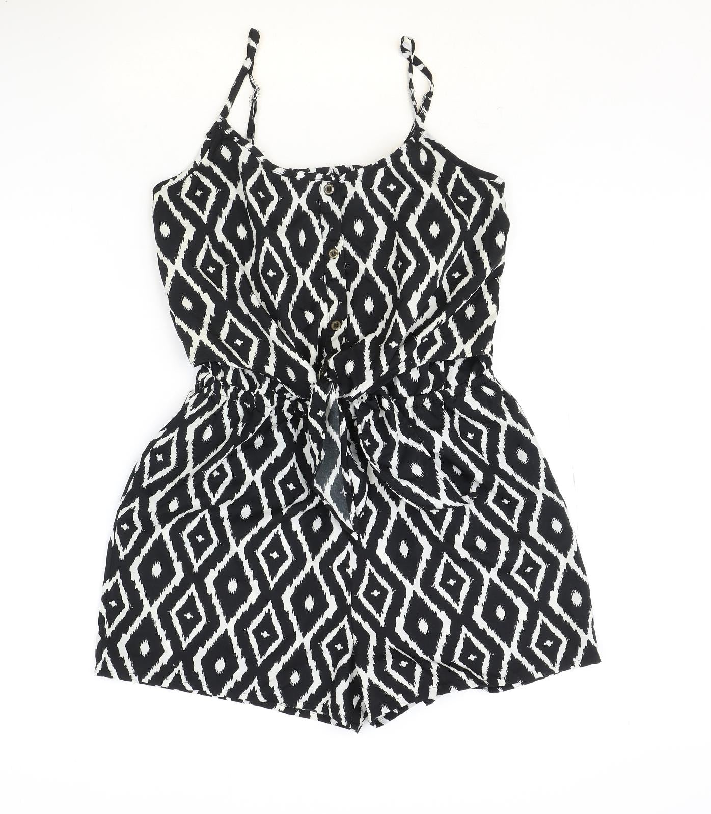 PEP&CO Womens Black Geometric Polyester Playsuit One-Piece Size 8 Button
