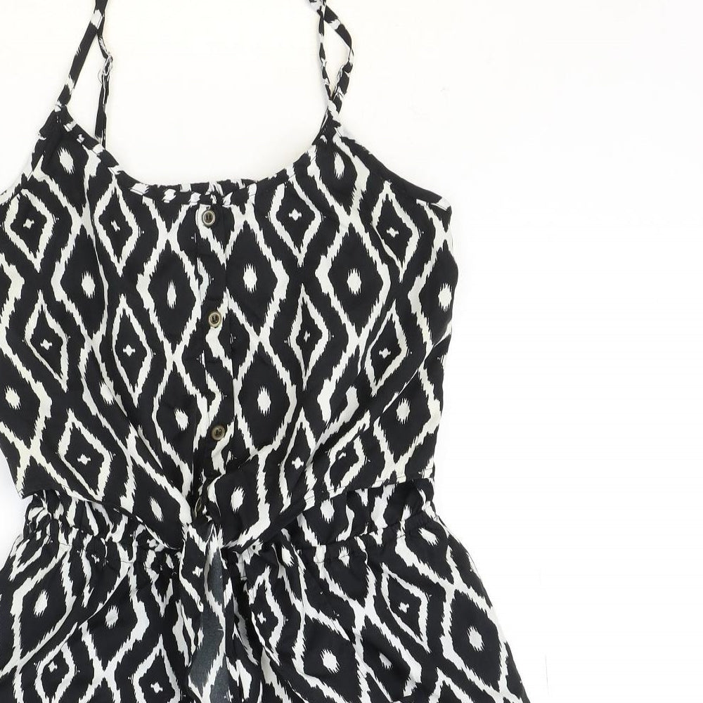 PEP&CO Womens Black Geometric Polyester Playsuit One-Piece Size 8 Button