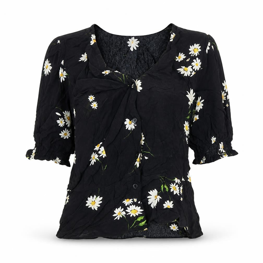 New Look Womens Black Floral Viscose Basic Blouse Size 8 V-Neck - Daisy
