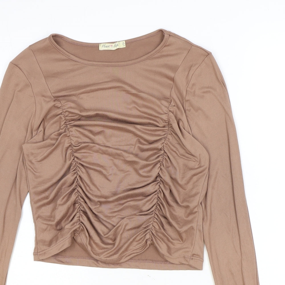 Heart Hips Womens Brown Polyester Basic T-Shirt Size L Round Neck - Ruched
