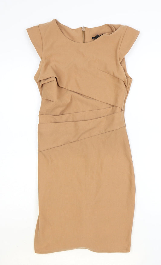 Topshop Womens Brown Polyester A-Line Size 8 Round Neck Zip