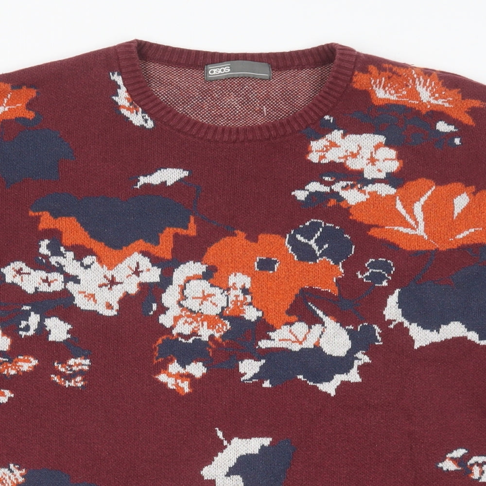 ASOS Womens Red Round Neck Floral Cotton Pullover Jumper Size L