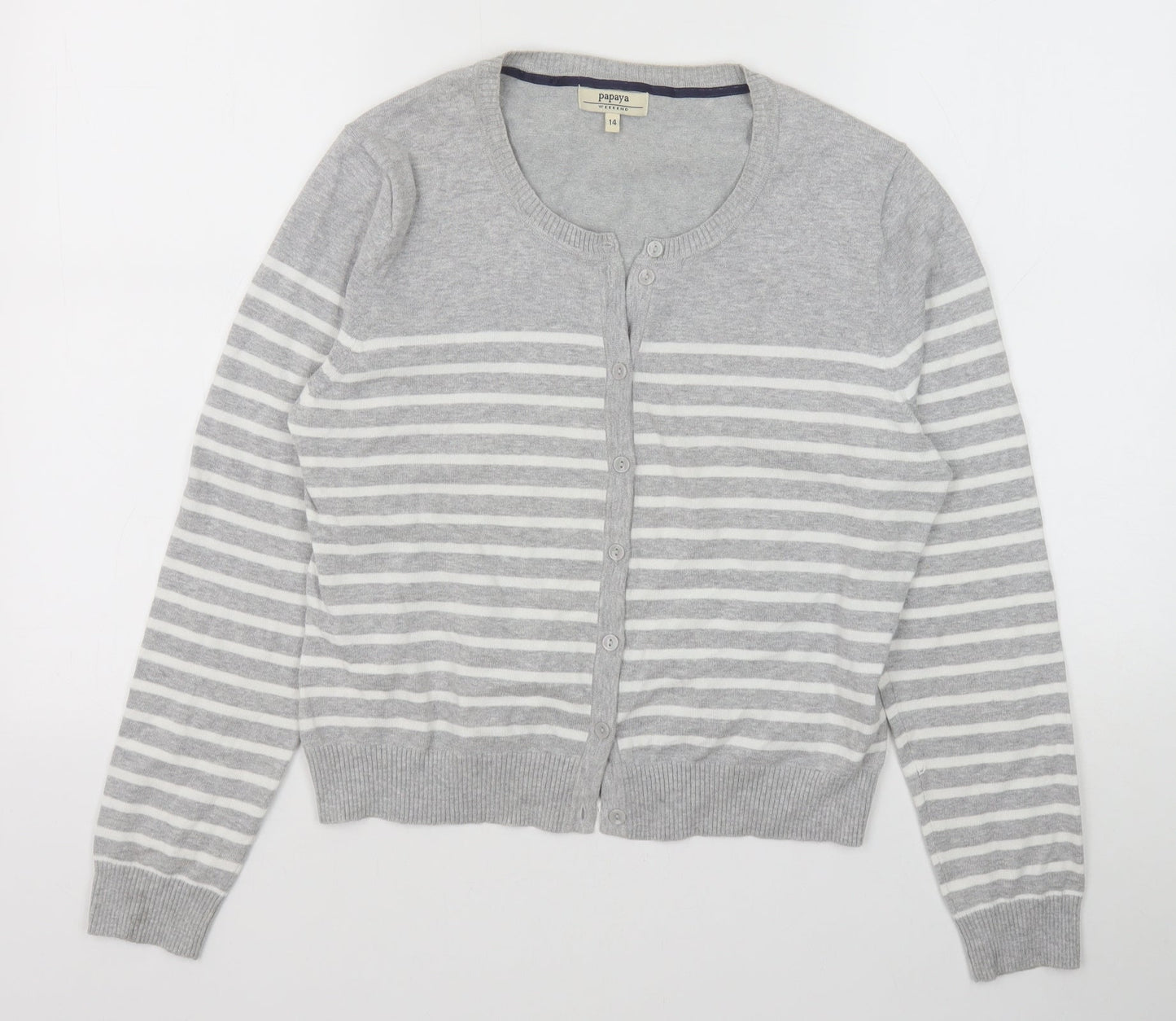 Papaya Womens Grey Round Neck Striped Cotton Cardigan Jumper Size 14