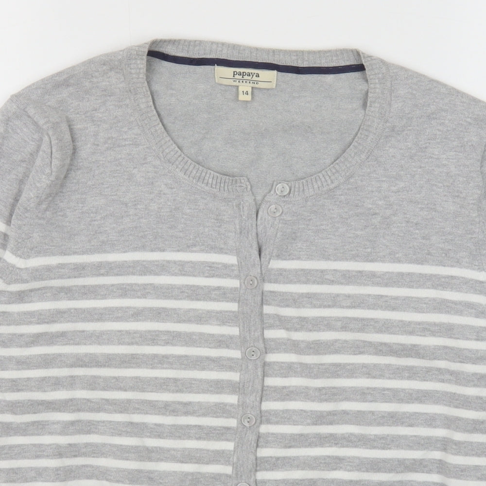 Papaya Womens Grey Round Neck Striped Cotton Cardigan Jumper Size 14