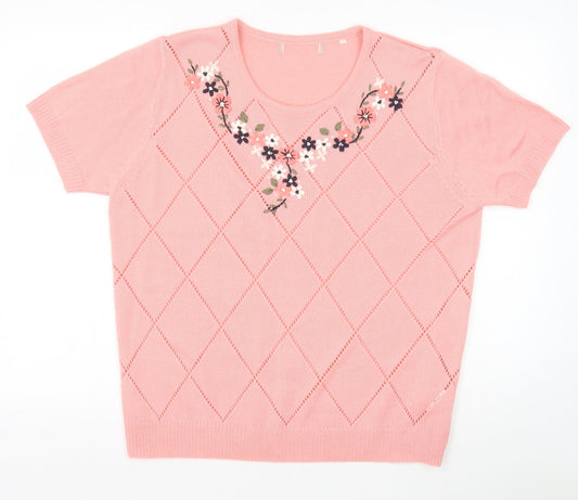 Anthology Womens Pink Crew Neck Argyle/Diamond Acrylic Pullover Jumper Size 16 Pullover
