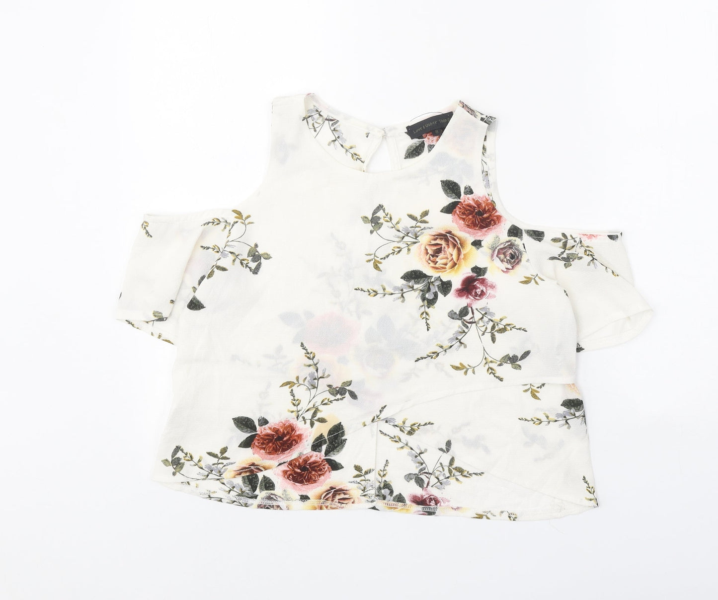 Love & Other Things Womens White Floral Polyester Basic Blouse Size 8 Round Neck - Cold Shoulder