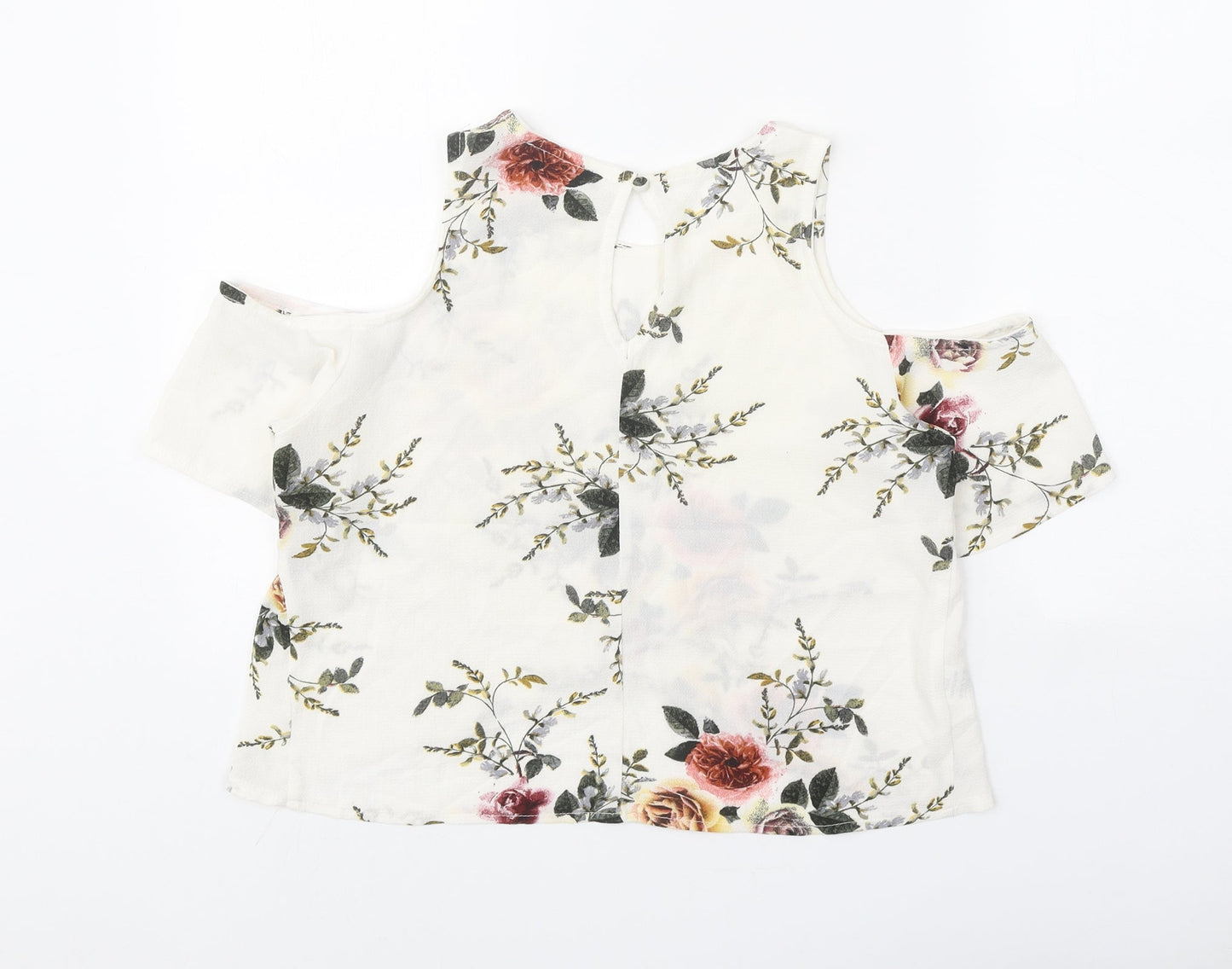 Love & Other Things Womens White Floral Polyester Basic Blouse Size 8 Round Neck - Cold Shoulder