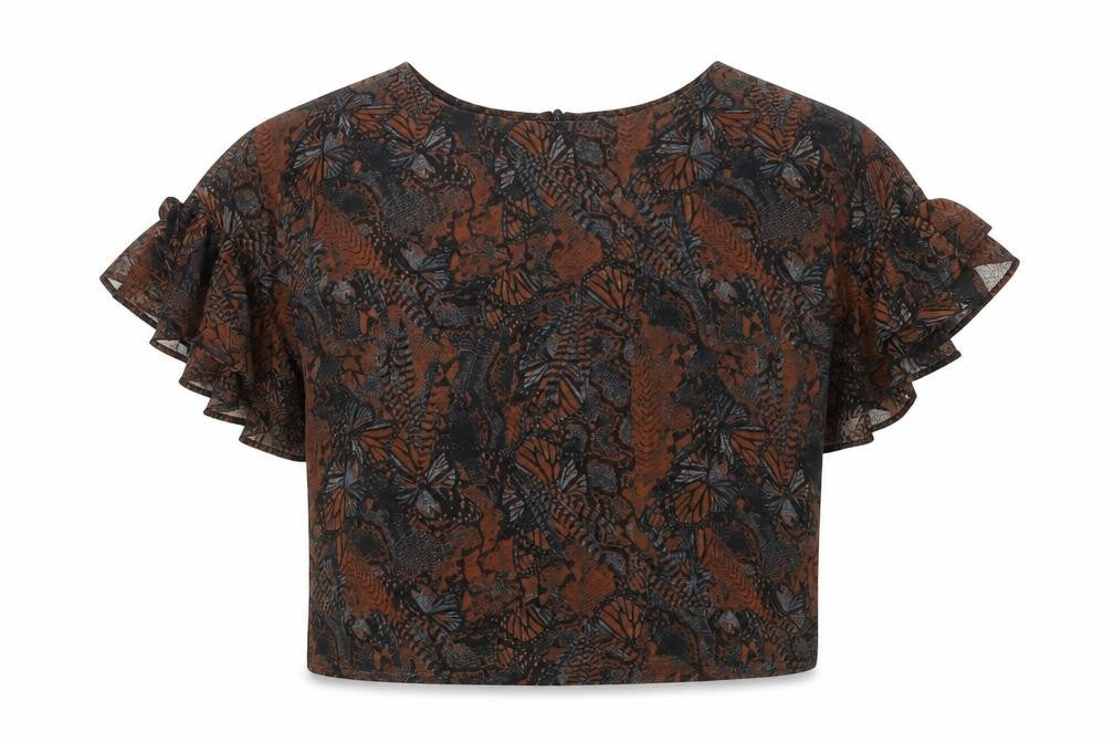 Topshop Womens Brown Geometric Polyester Cropped T-Shirt Size 10 Boat Neck - Butterfly