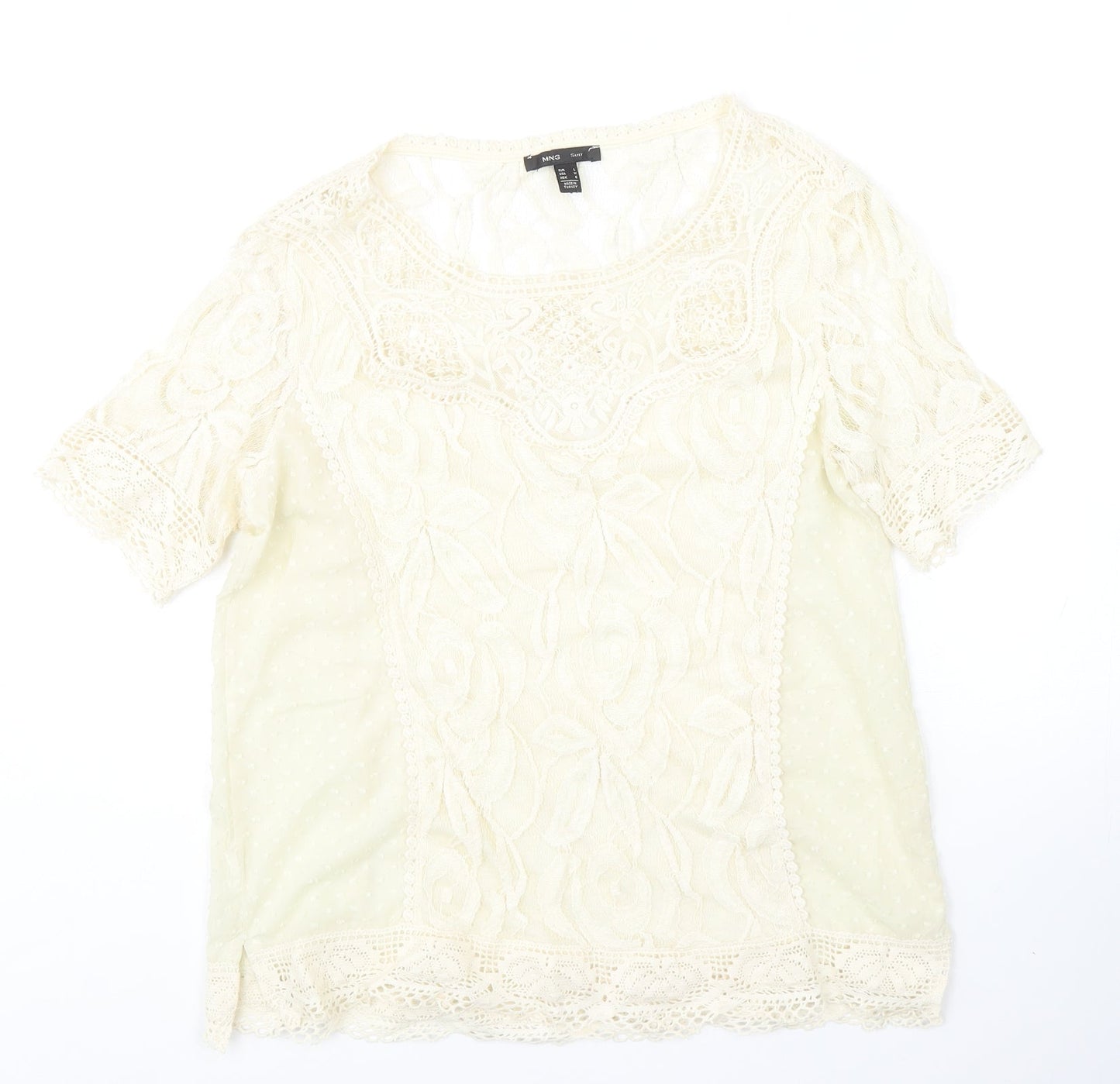 Mango Womens Ivory Polyester Basic Blouse Size L Round Neck - Crochet Detail