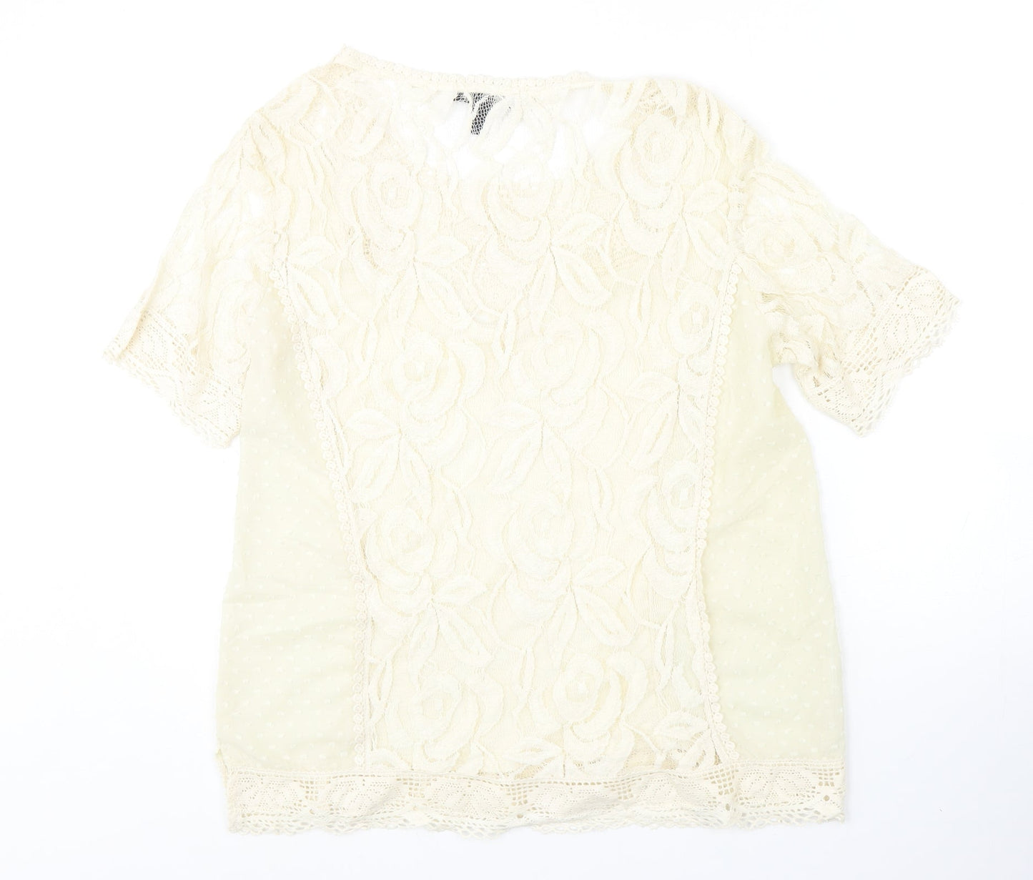 Mango Womens Ivory Polyester Basic Blouse Size L Round Neck - Crochet Detail