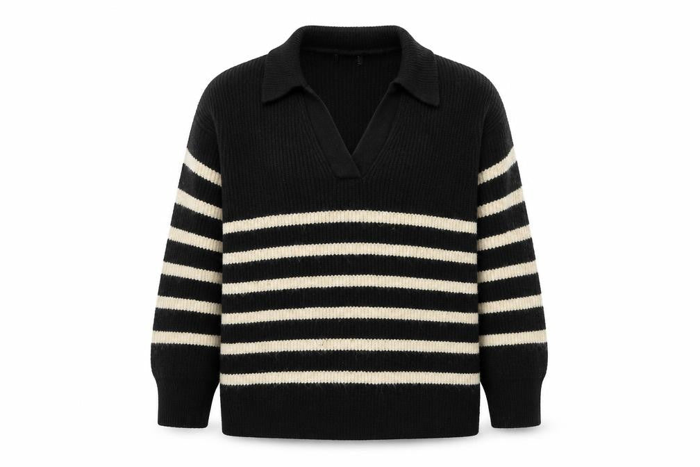 Marks and Spencer Womens Black V-Neck Striped Polyester Pullover Jumper Size L