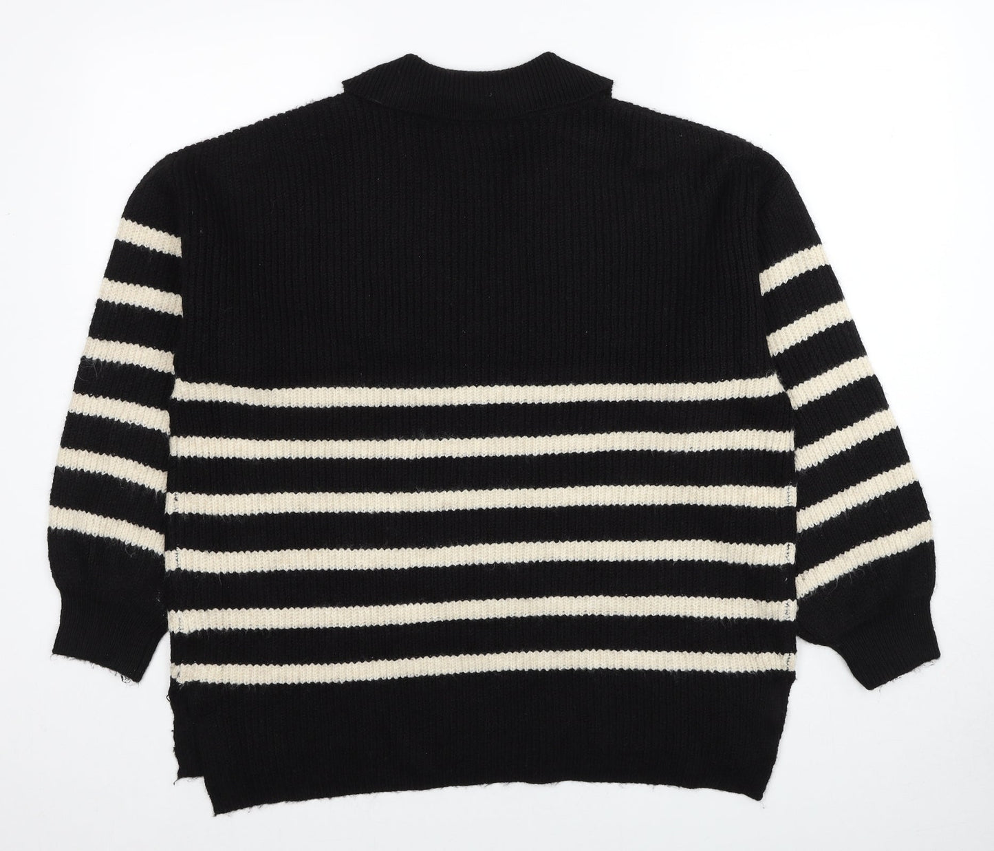 Marks and Spencer Womens Black V-Neck Striped Polyester Pullover Jumper Size L