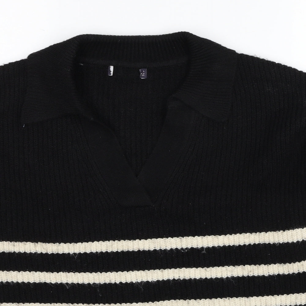 Marks and Spencer Womens Black V-Neck Striped Polyester Pullover Jumper Size L