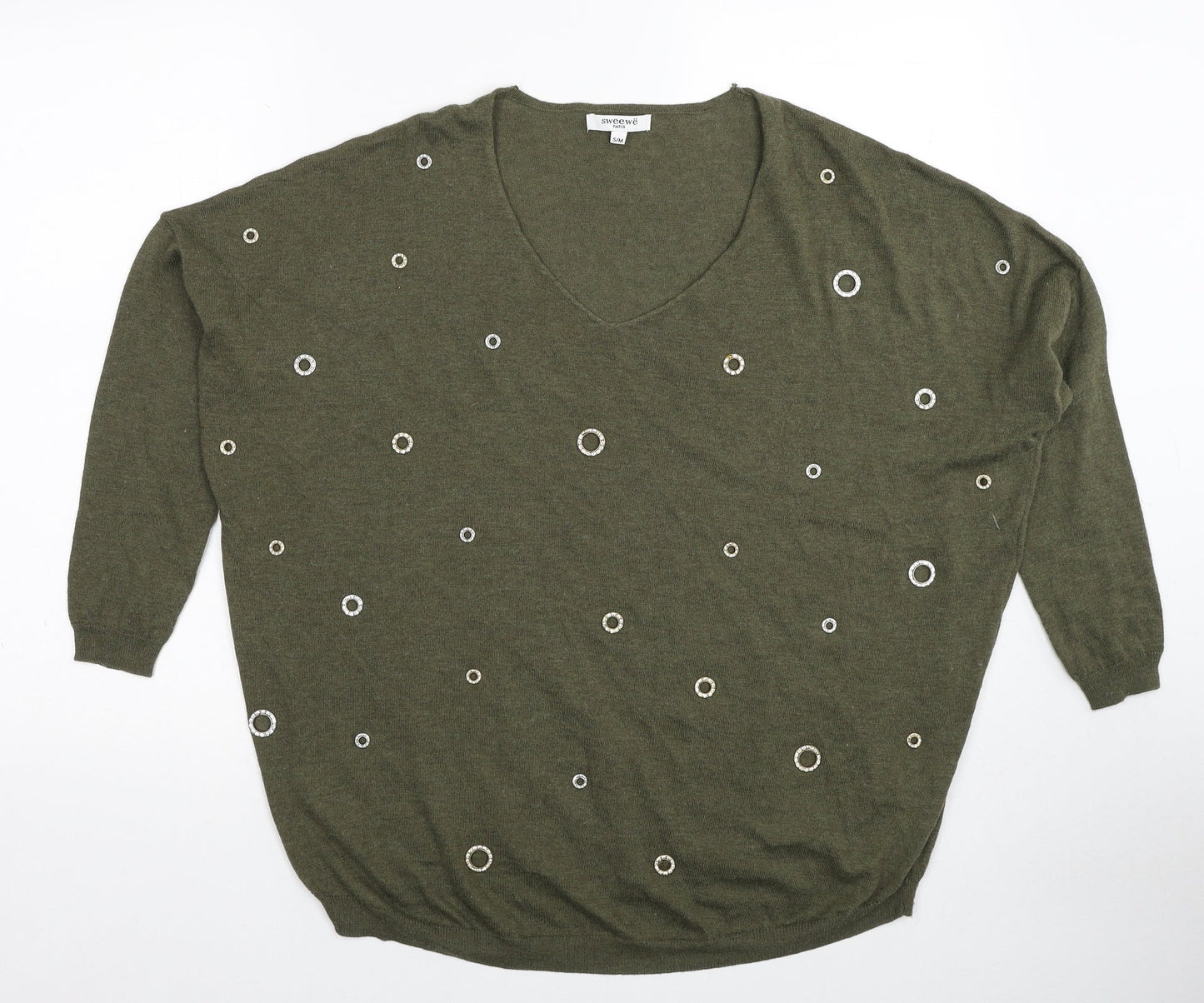 Sweewe Paris Womens Green V-Neck Geometric Polyester Pullover Jumper Size S - Size S-M