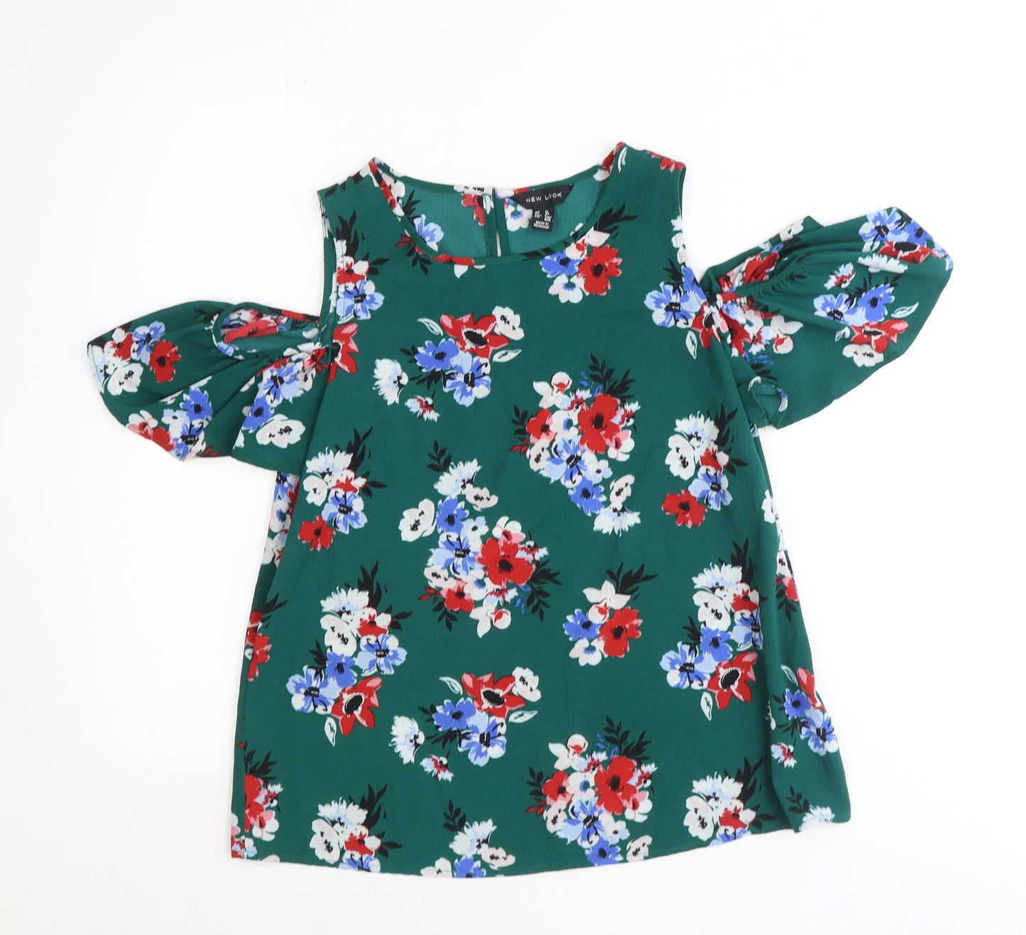 New Look Womens Green Floral Polyester Basic Blouse Size 12 Scoop Neck - Cold Shoulder