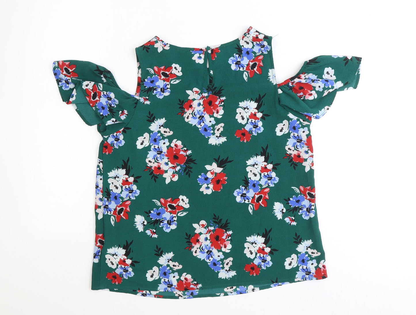 New Look Womens Green Floral Polyester Basic Blouse Size 12 Scoop Neck - Cold Shoulder