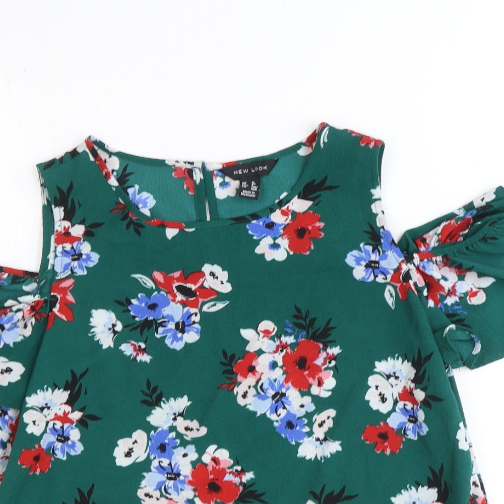 New Look Womens Green Floral Polyester Basic Blouse Size 12 Scoop Neck - Cold Shoulder
