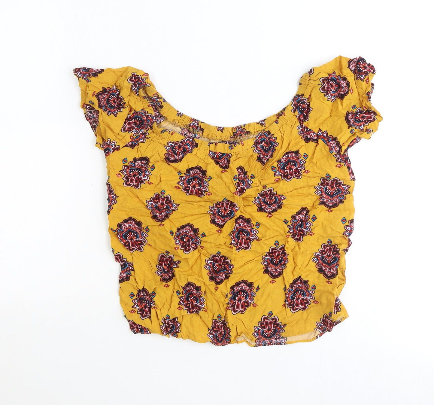 Preworn Womens Yellow Geometric Viscose Basic Blouse Size 12 Off the Shoulder