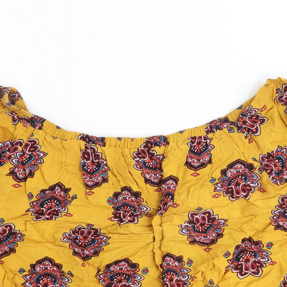 Preworn Womens Yellow Geometric Viscose Basic Blouse Size 12 Off the Shoulder