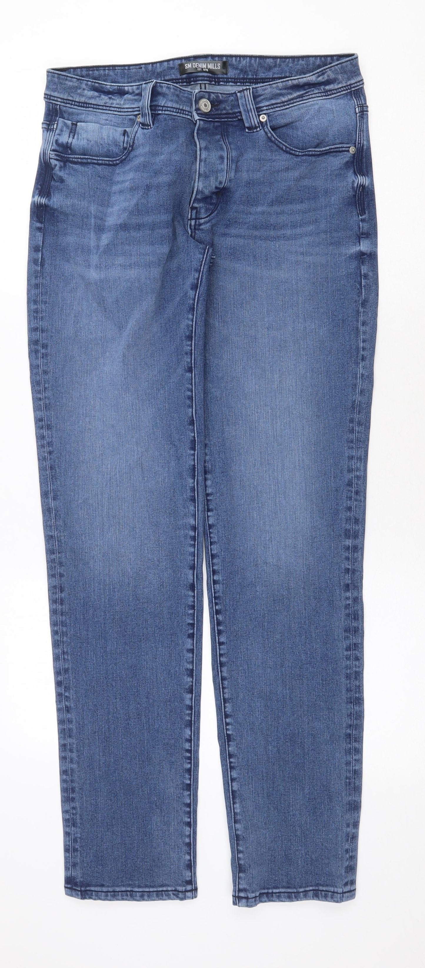 SM Denim Mills Mens Blue Cotton Straight Jeans Size 32 in Regular Zip